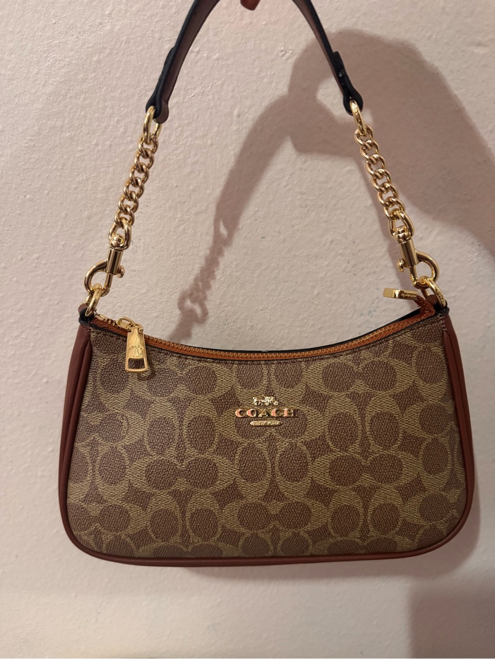 Coach Brown Signature Canvas Shoulder Bag with Gold Hardware